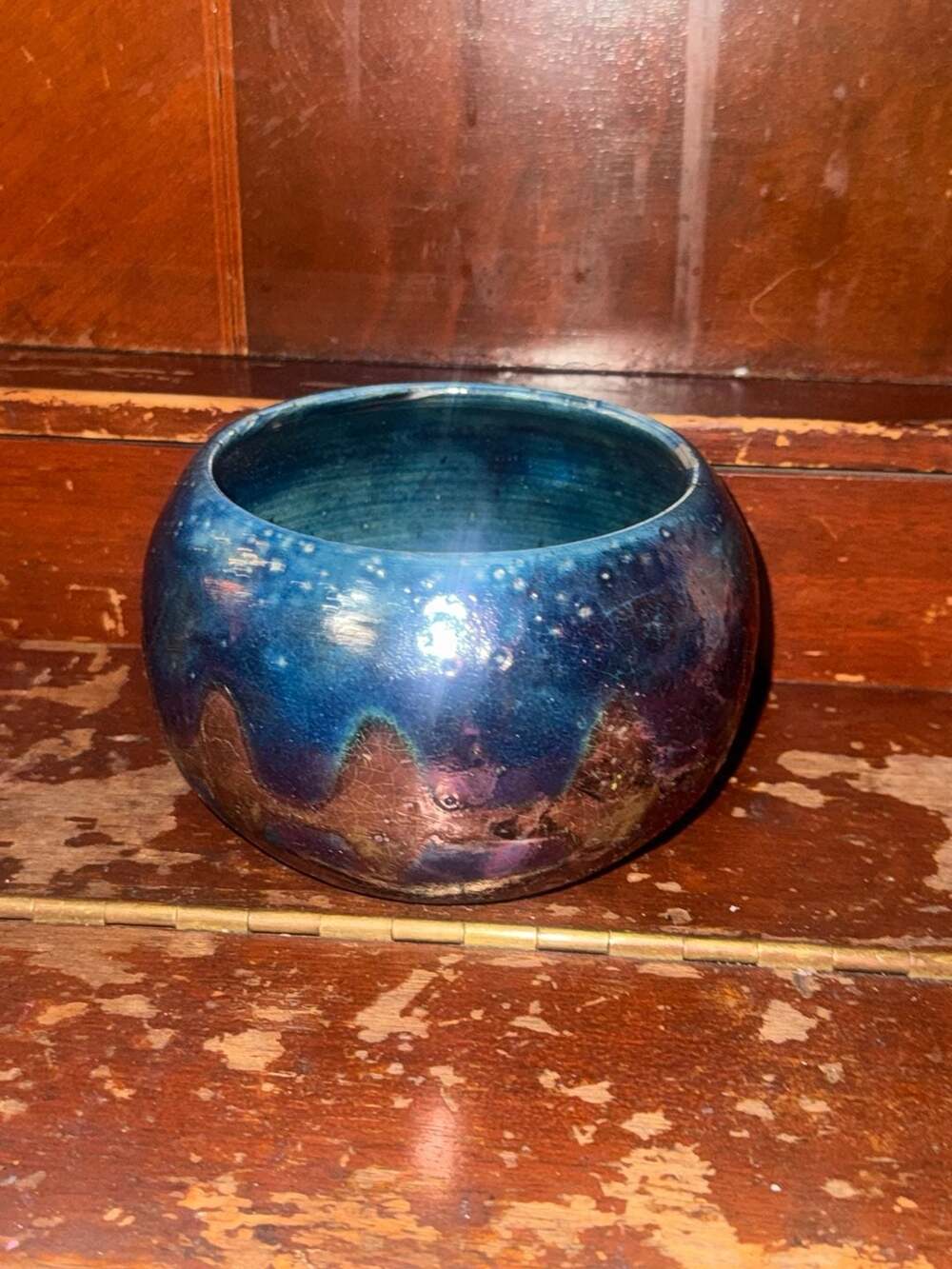 Studio Pottery Blue Raku Ceramic Vessel Handthrown Glazed potting bowl